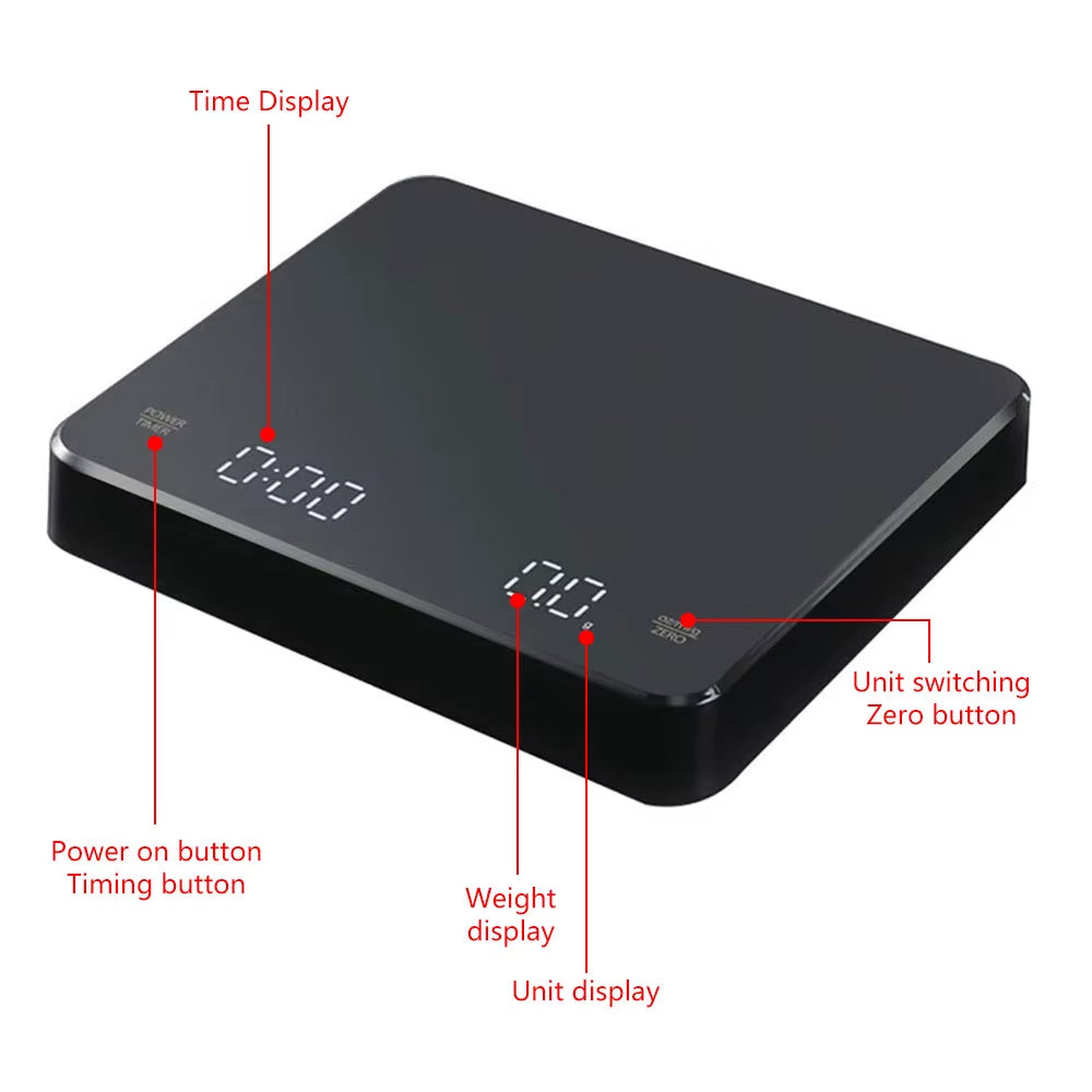 Digital Coffee Scale with Timer LED Screen Espresso USB 3Kg Max.Weighing 0.1G High Precision Measures in Oz/Ml/G Kitchen Scale