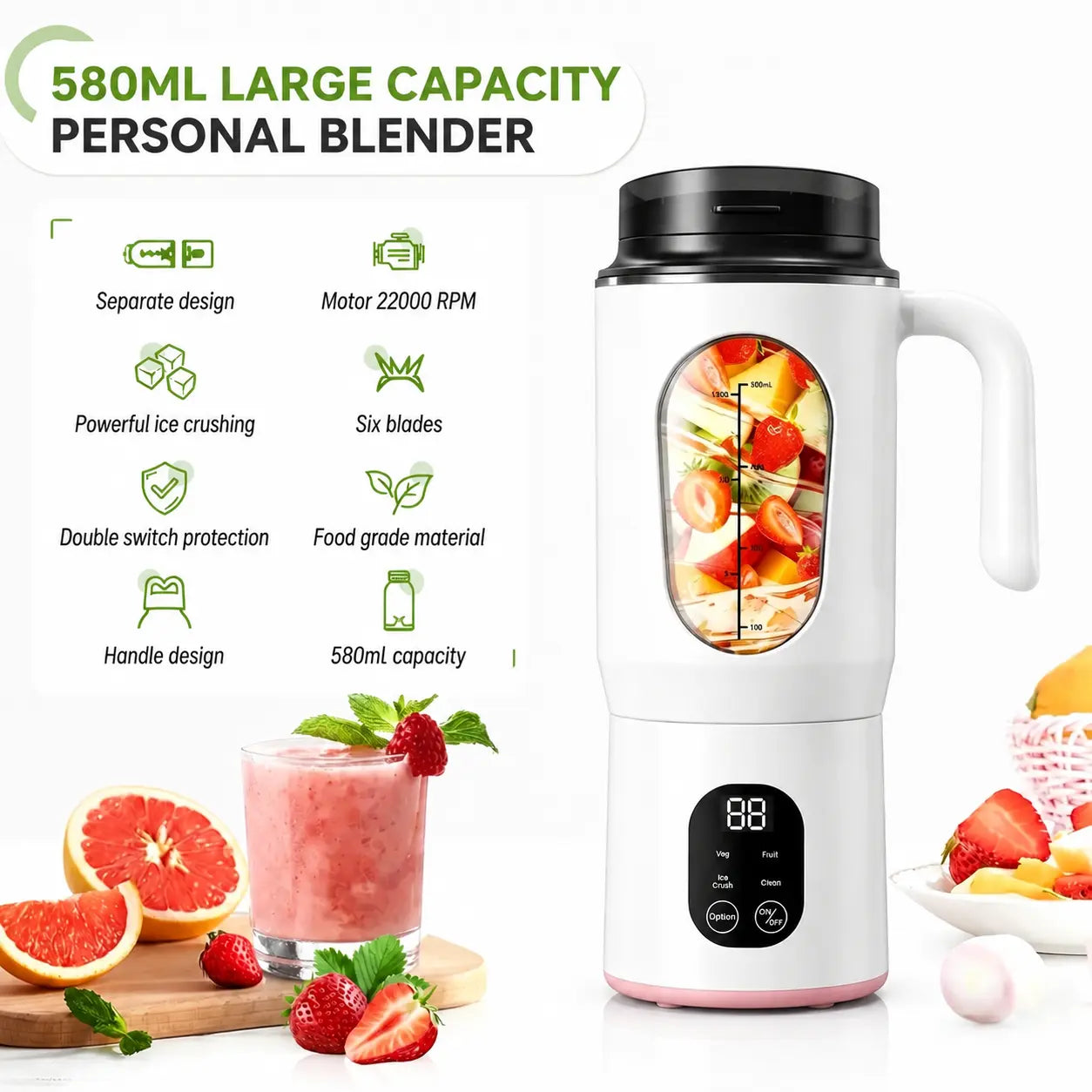 20OZ Lightweight Cordless Handheld Juice Blender for Kitchen Supplies, Usb-Rechargeable Battery-Powered Portable Home Juicer with LED Display, 22000 RPM Multi-Gear Ice Crush, Bpa-Free Self-Cleaning for Smoothies