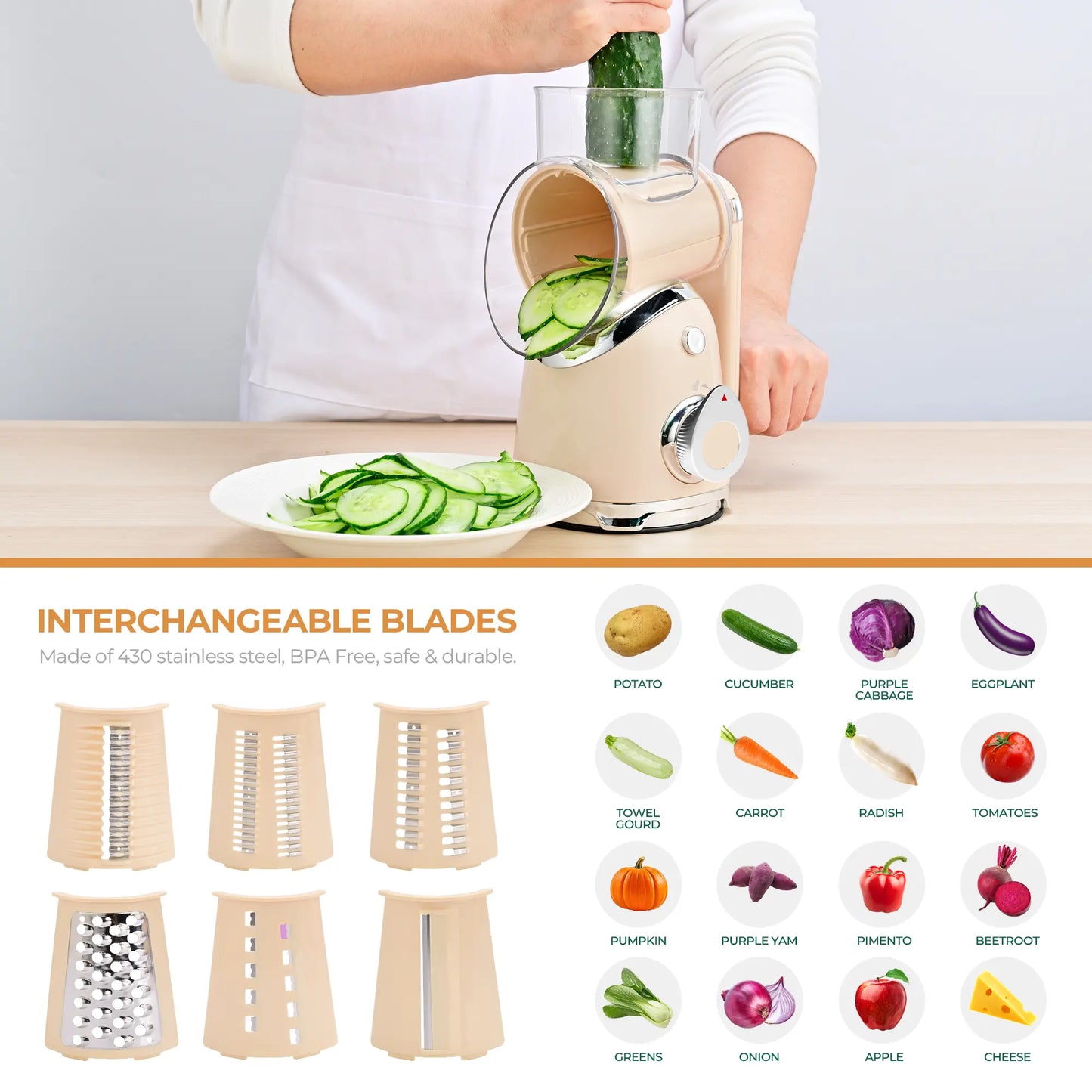 SUSTEAS Premium Stainless Steel Vegetable Chopper with 6 Versatile Blades and Strong Suction Cups - Effortless Chopping for Your Kitchen!