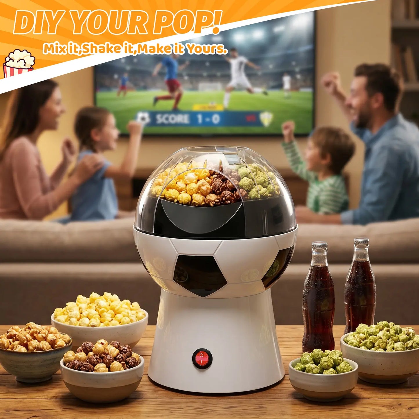 OSTBA 1200W Oil-Free Soccer Ball Hot Air Popcorn Maker - Electric 1-Touch Popper with Butter Melting Tray for Movie Night, Family Snacks