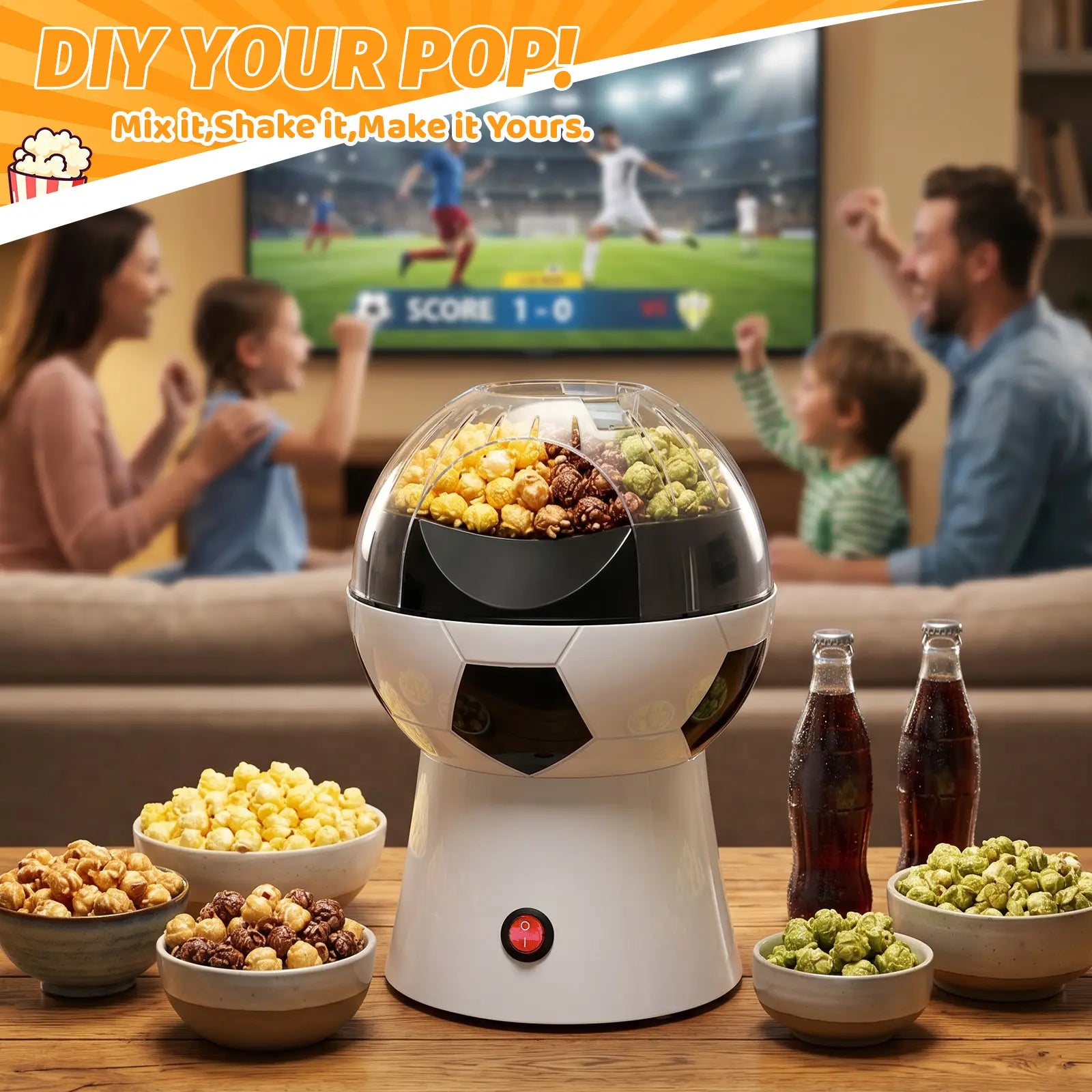 OSTBA 1200W Oil-Free Soccer Ball Hot Air Popcorn Maker - Electric 1-Touch Popper with Butter Melting Tray for Movie Night, Family Snacks