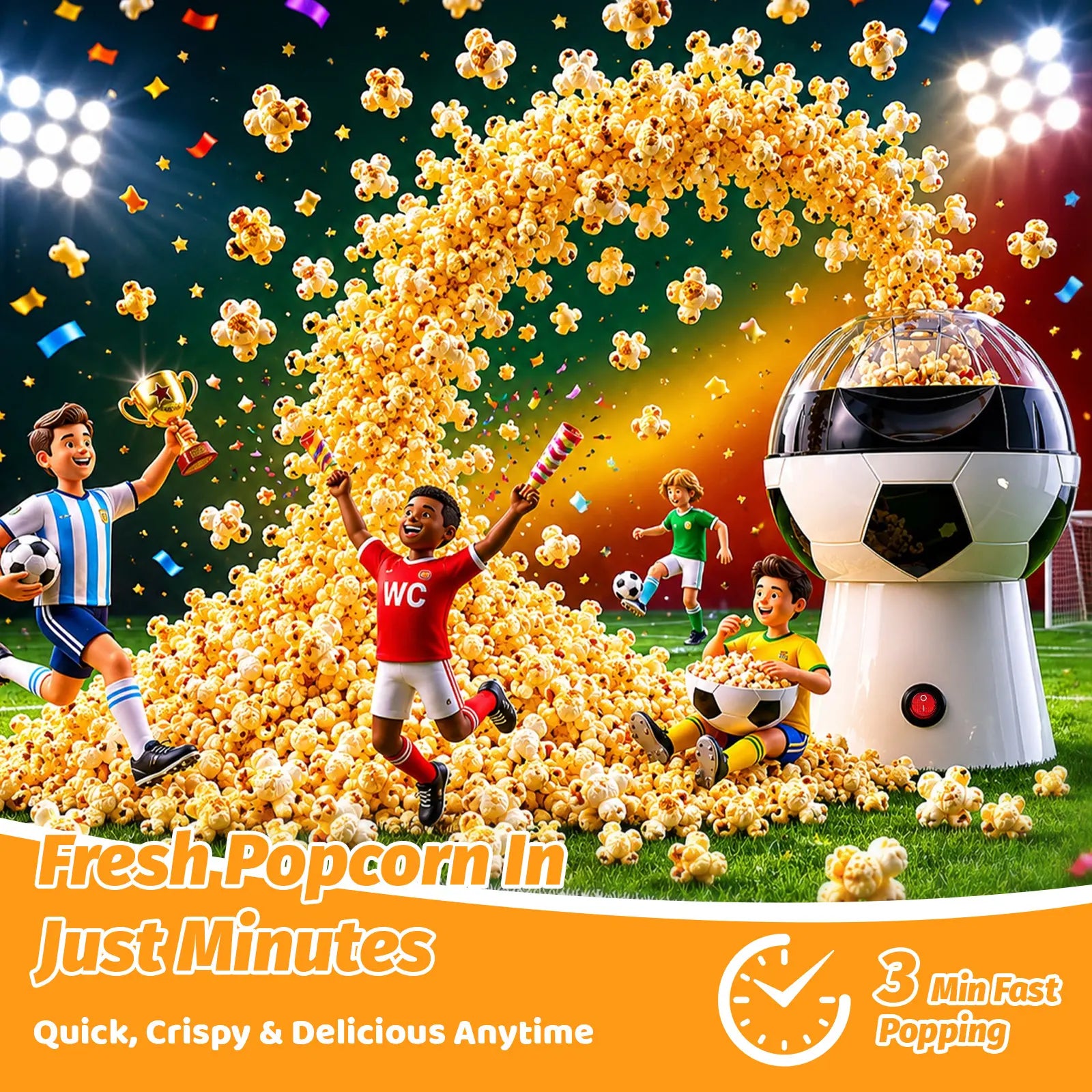 OSTBA 1200W Oil-Free Soccer Ball Hot Air Popcorn Maker - Electric 1-Touch Popper with Butter Melting Tray for Movie Night, Family Snacks