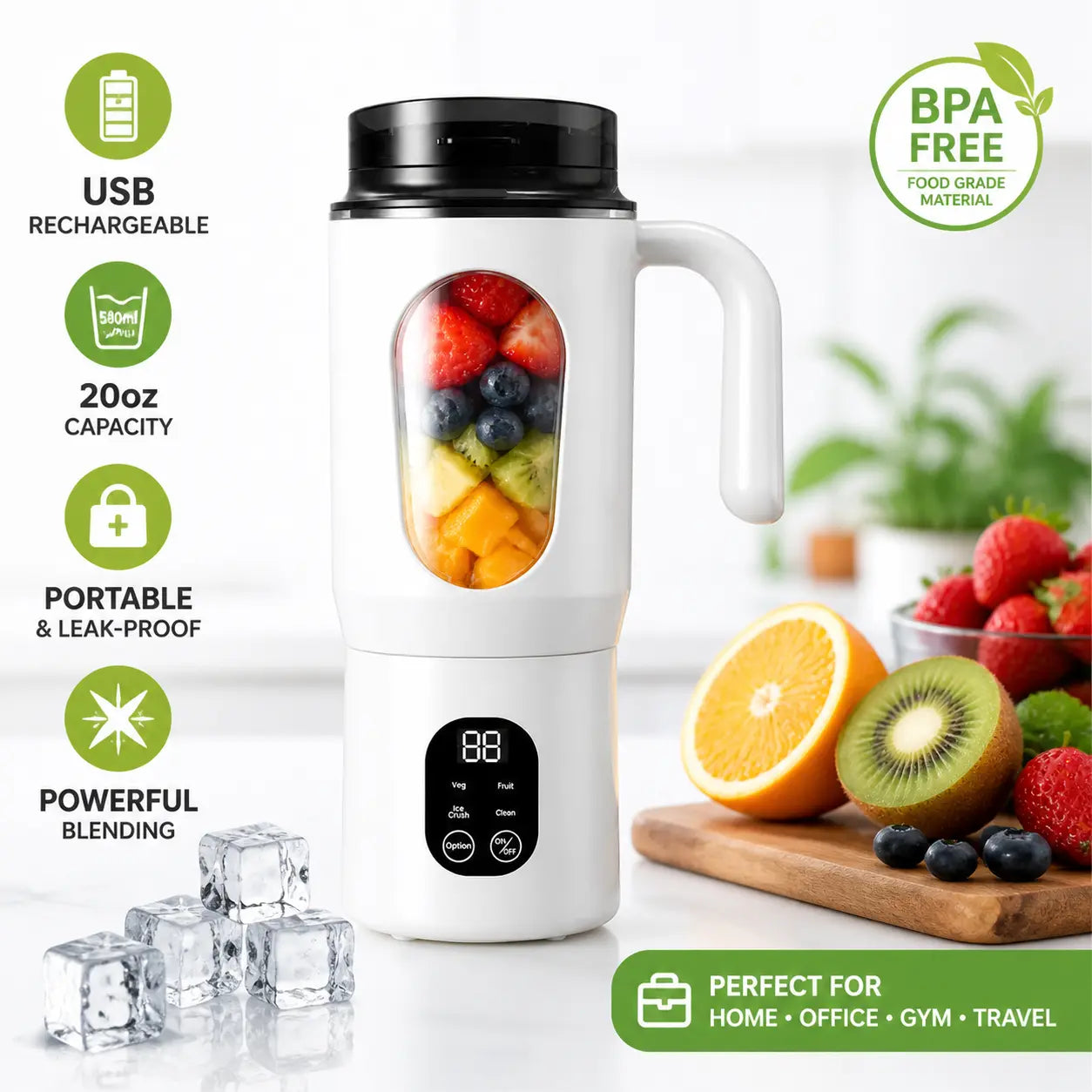 20OZ Lightweight Cordless Handheld Juice Blender for Kitchen Supplies, Usb-Rechargeable Battery-Powered Portable Home Juicer with LED Display, 22000 RPM Multi-Gear Ice Crush, Bpa-Free Self-Cleaning for Smoothies