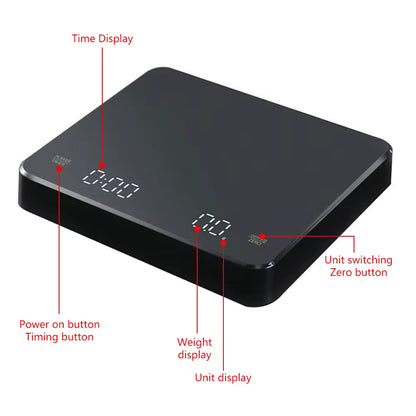 Digital Coffee Scale with Timer LED Screen Espresso USB 3Kg Max.Weighing 0.1G High Precision Measures in Oz/Ml/G Kitchen Scale